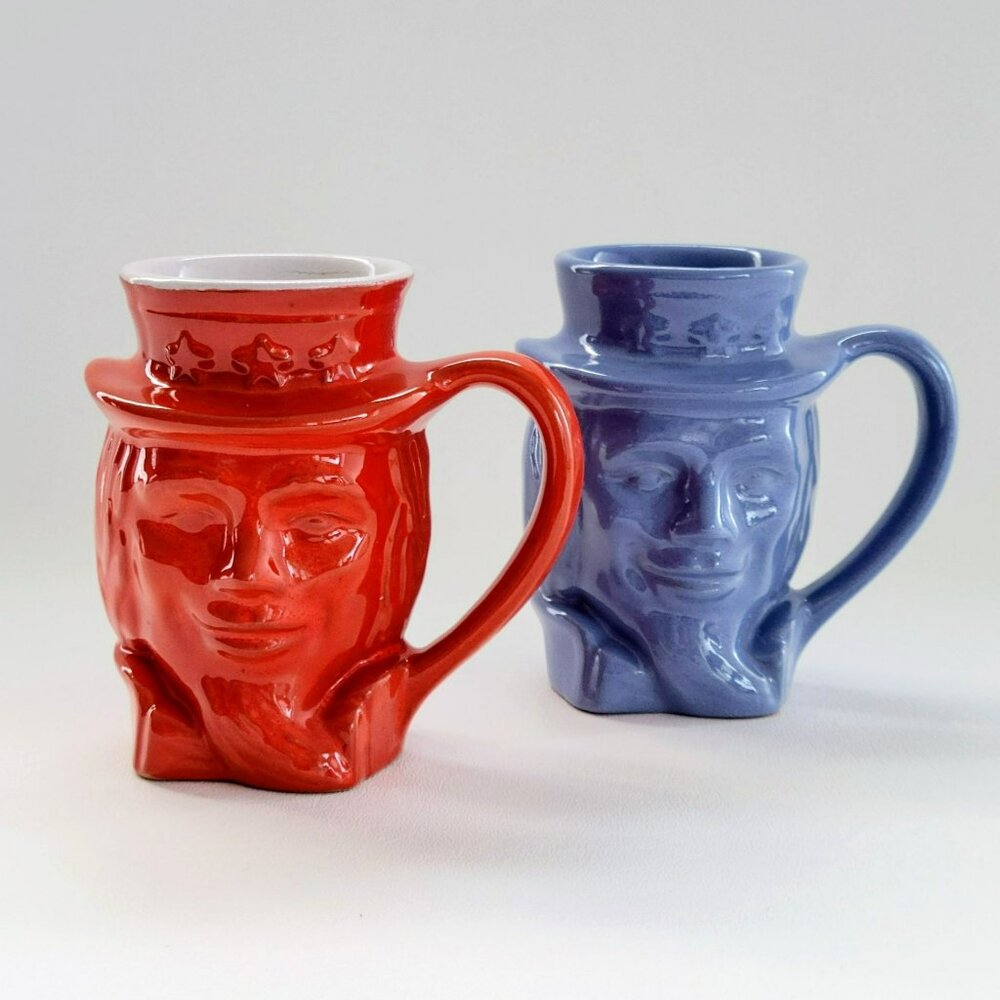 Vintage Frankoma Art Pottery Uncle Sam Mug Set of 2, Red & Blue, c.1976 USA Made